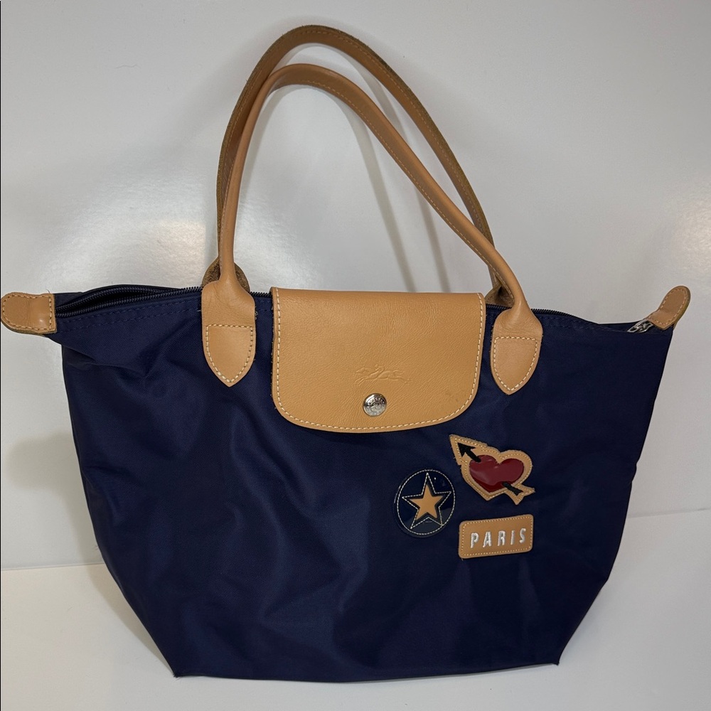 Longchamp Le Pliage Special Edition Paris Appliqué Medium Tote Navy Blue